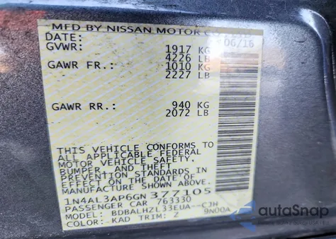 2016 Nissan Altima 2.5 z USA, uszkodzony, nr VIN 1N4AL3AP6GN377105